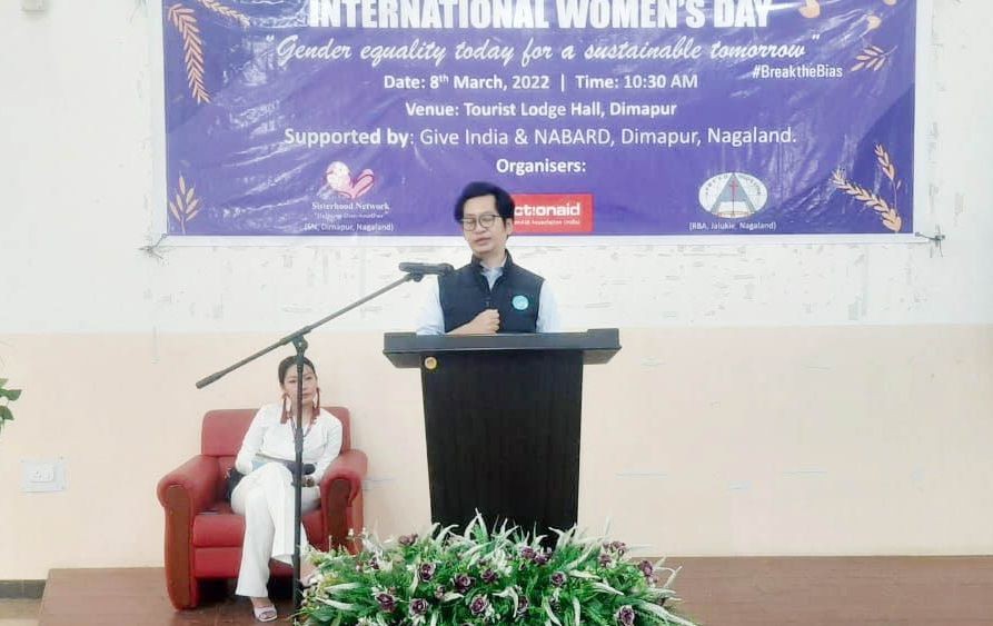 Along Longkumer speaking at the International Women’s Day programme, in Dimapur on March 8. (Morung Photo)